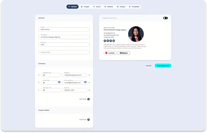 MySignature email signature editor screenshot
