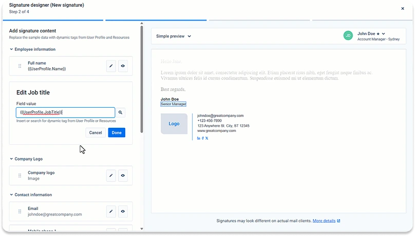 Templafy email signature editor screenshot