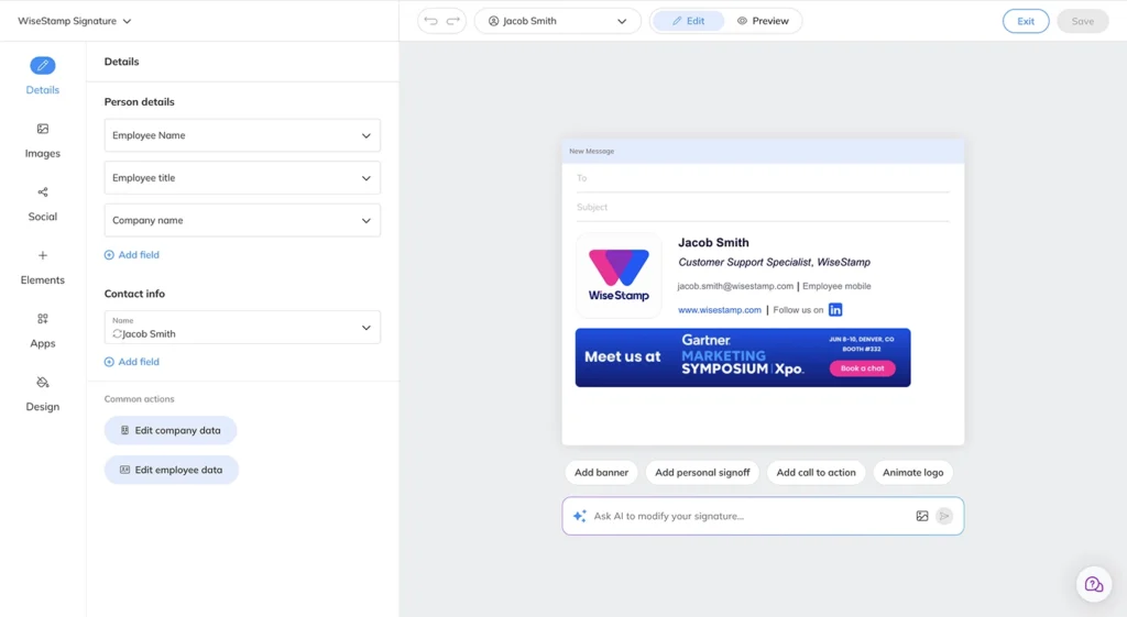 WiseStamp editor UI Jacob Smith