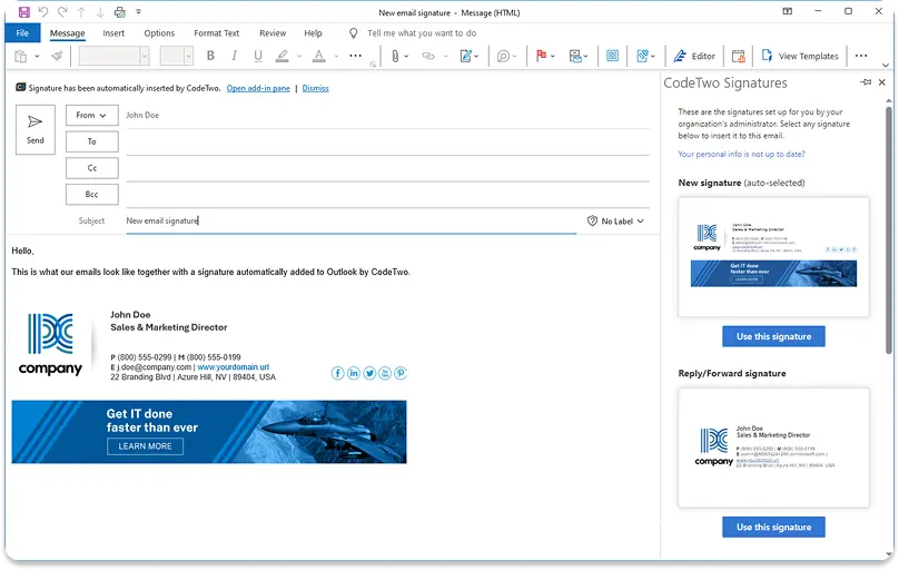 CodeTwo Outlook addin email signature editor screenshot