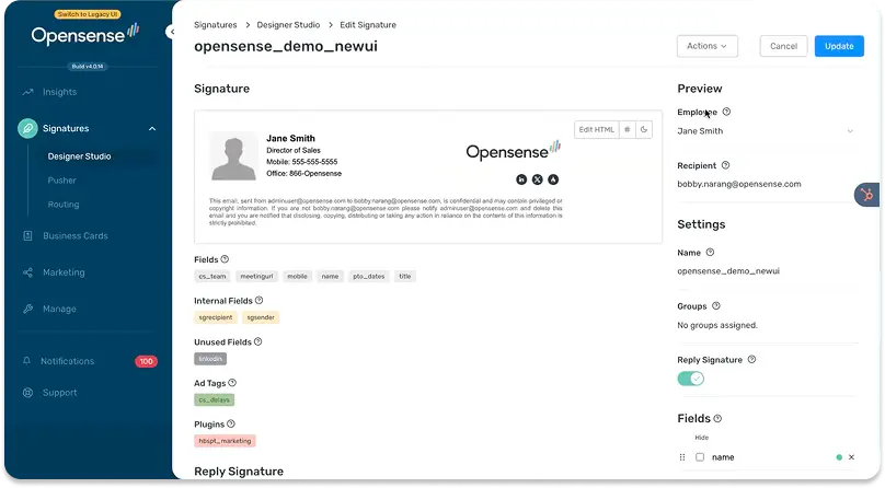 OpenSense email signature editor screenshot